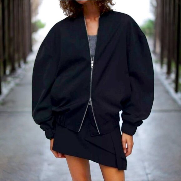 Zara Oversized Wool Bomber Black Jacket - Picture 1 of 7